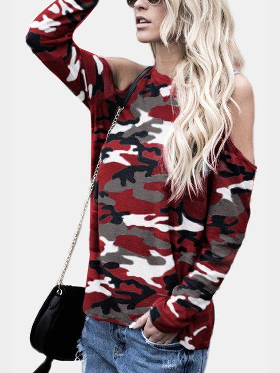 Camouflage Round Neck Cold Shoulder Long Sleeves Tshirts