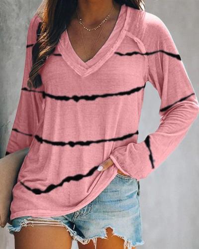 Stripe V-Neck Long Sleeves Casual T-shirts