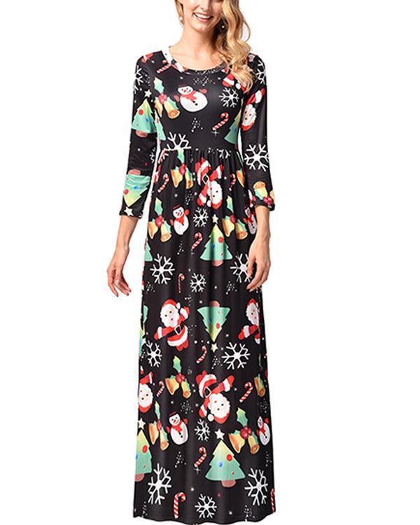 Casual Christmas Graphic Print A-Line O-Neckline Maxi Dress