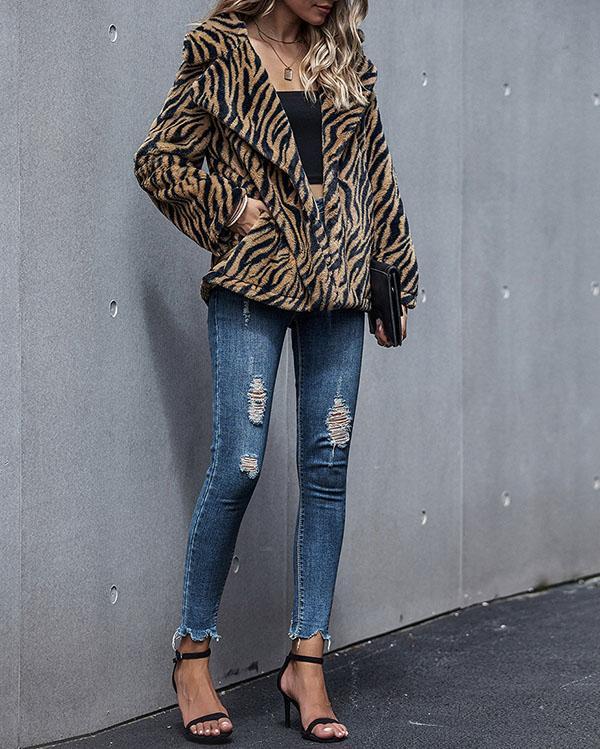 Women Tiger Stripes Print Winter Warm Coat