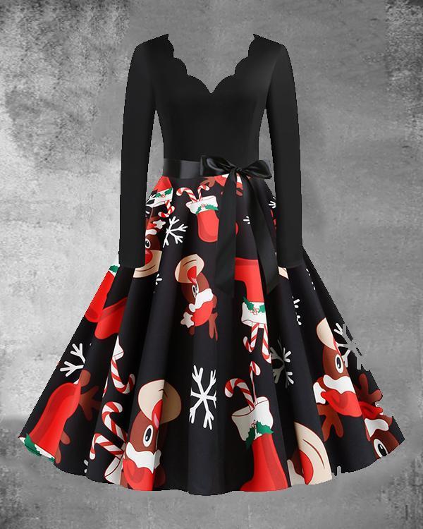 Christmas Print V-Neck Long Sleeved Midi Dress with Waistband(9 Patterns)