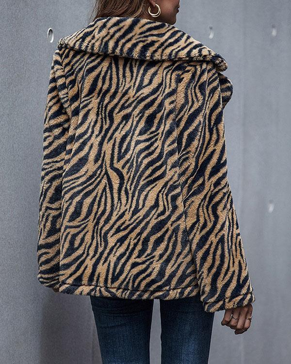 Women Tiger Stripes Print Winter Warm Coat