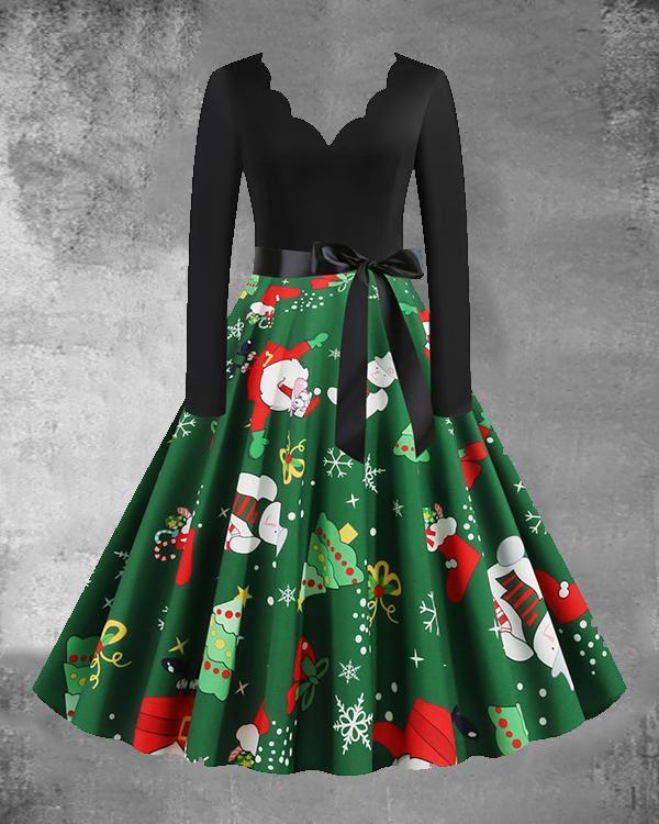 Christmas Print V-Neck Long Sleeved Midi Dress with Waistband(9 Patterns)