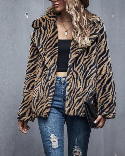 Women Tiger Stripes Print Winter Warm Coat