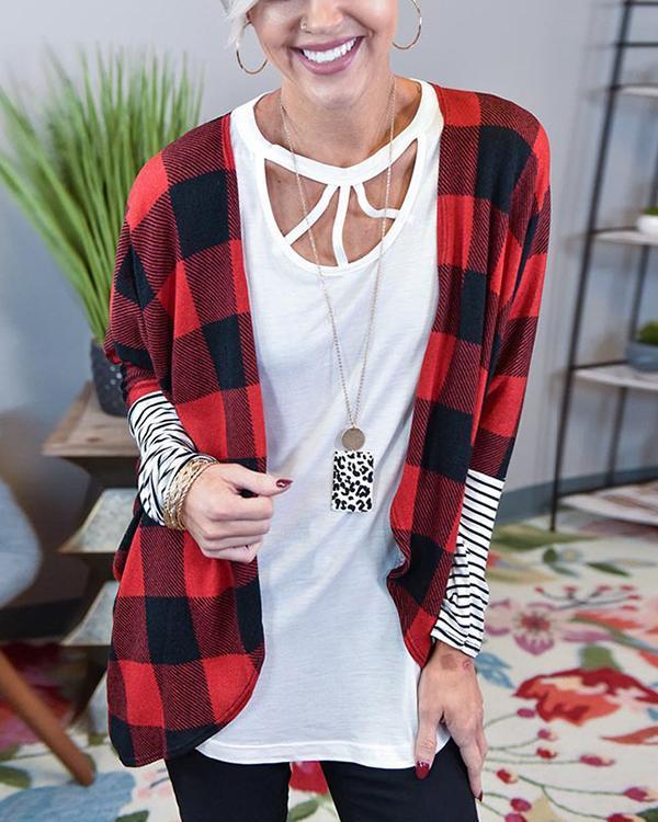 Contrast Color Plaid Striped Sleeve Cardigan Jacket