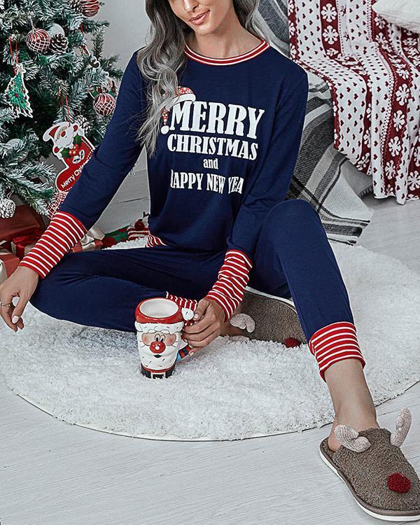 Casual Christmas Print Stripe Loungewear Shirt&Pants Set
