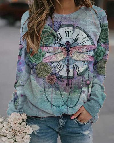 Vintage Dragonfly Printed Long Sleeve O-neck T-shirt For Women