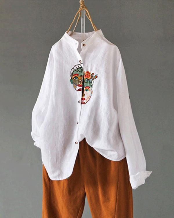 Vintage Embroideried Portrait Long Sleeve Casual Blouse