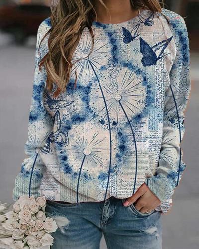Flower Butterfly Printed Long Sleeve O-neck T-shirt For Women