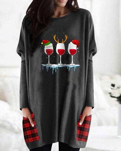 Christmas Plaid Print Bat Sleeve Pockets Casual Blouses Tops