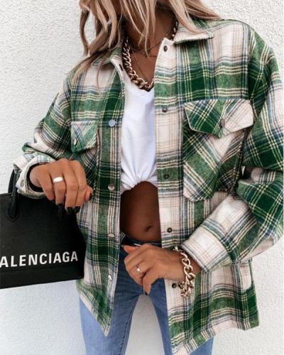 Turn-down Collar Pockets Plaid Loose Shirt Coat