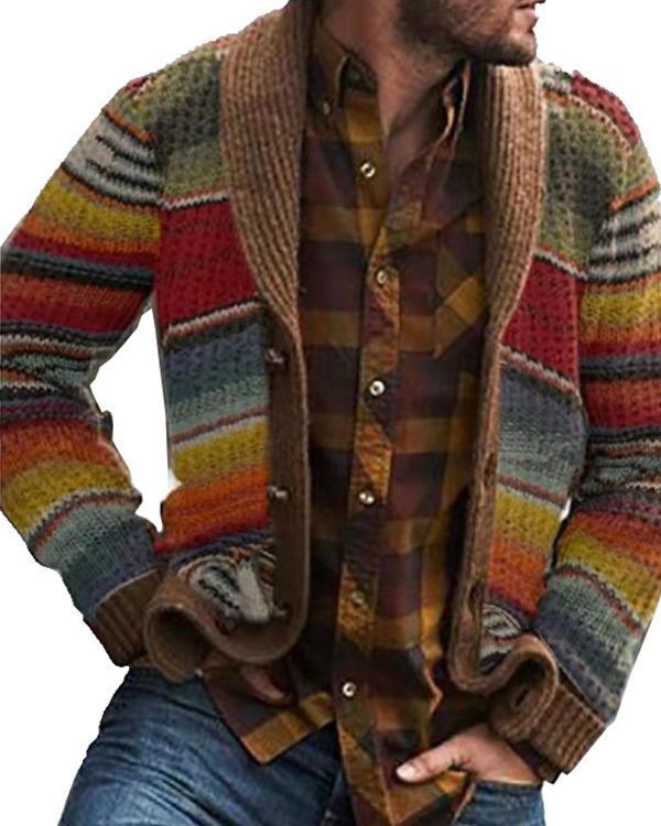 Vintage Casual Rainbow Pattern Knit Cardigan