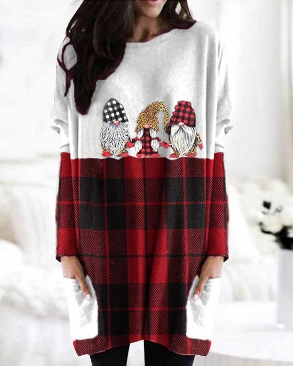 Christmas Color Block Print Bat Sleeve Pockets Casual Blouses Tops