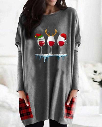 Christmas Plaid Print Bat Sleeve Pockets Casual Blouses Tops