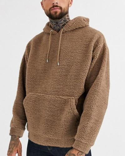 Mens Casual Solid Color Loose Hooded Sweatshirt