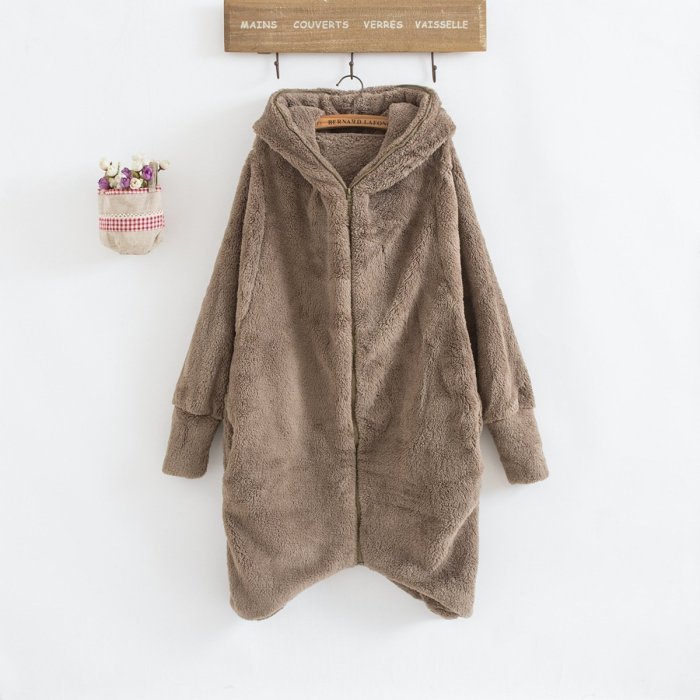 Plus Size Cozy Fuzzy Long Sleeve Hooded Zipper Irregular Hem Coats