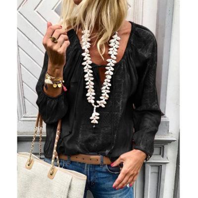 Plus Size Lace Up Fashion V Neck Long Sleeve Blouses