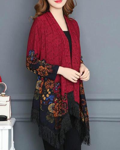 Shawl Collar Long Sleeve Vintage Floral Asymmetrical Coat