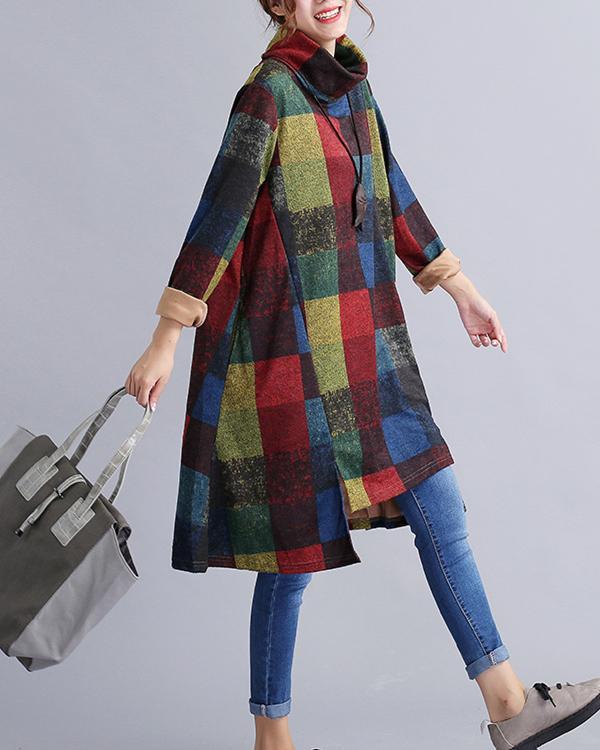 Women Plaid Print Turtleneck Irregular Full Vintage Cotton Long Sleeve Dress