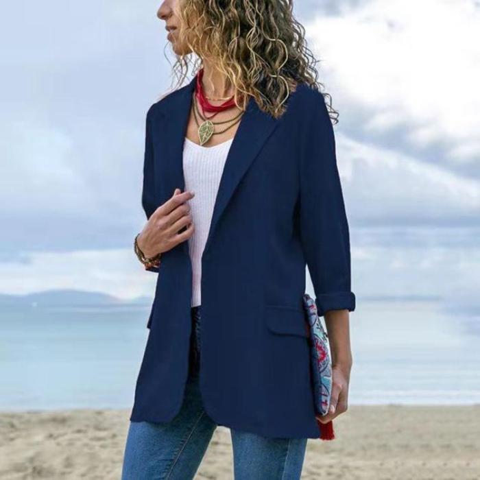 Fashion Lapel Long Sleeve Pocket Blazer Coat