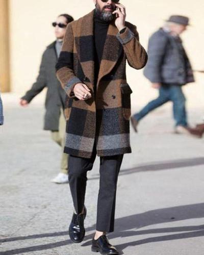 Mens Lapel Plaid Winter Long Coat