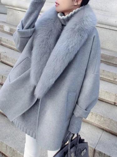 Women's Coat Fluffy Pockets Casual Wool Blend Solid Coat