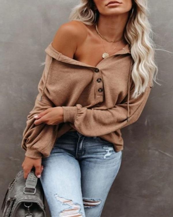 Solid Color Fashion Hooded Drawstring Long-sleeve Button T-shirt