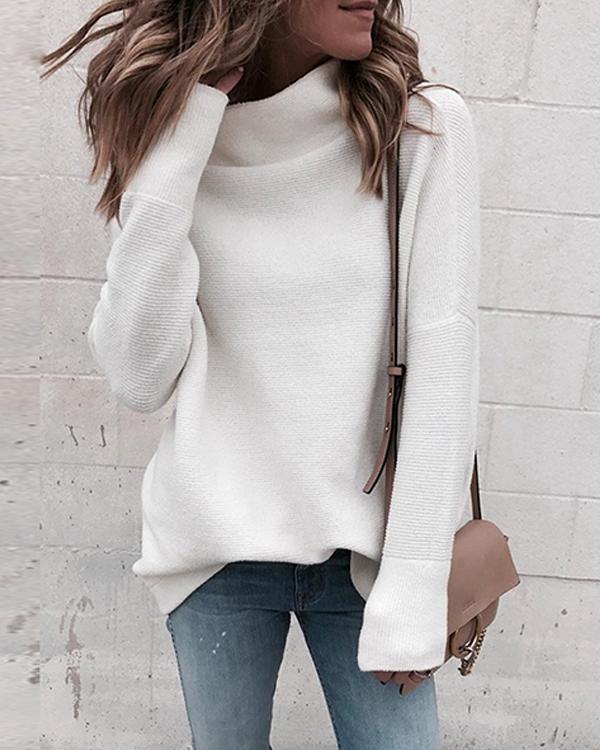 Fashion Dropped Shoulder Sleeve Turtle Neck Plain Color Sweater