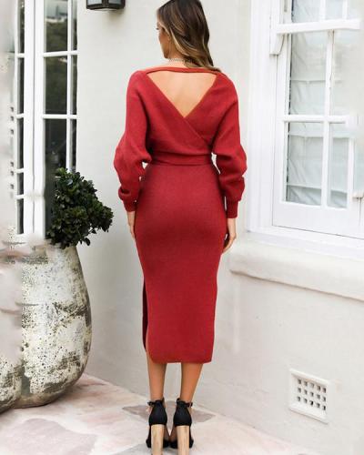 Double V-neck Bow Decor Sweater Knit Dress