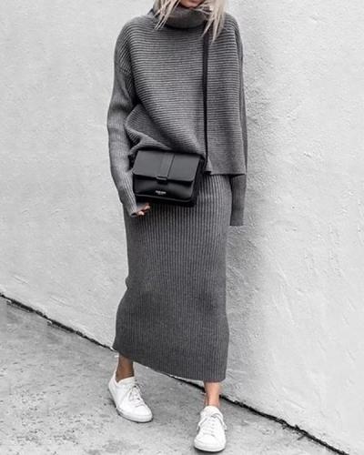 Fashion Solid Turtle Neck Sweater Skirt Set