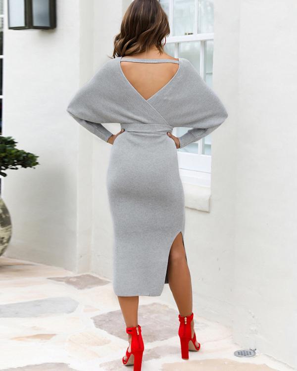 Double V-neck Bow Decor Sweater Knit Dress