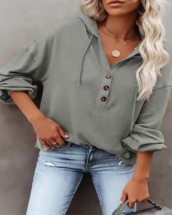 Solid Color Fashion Hooded Drawstring Long-sleeve Button T-shirt