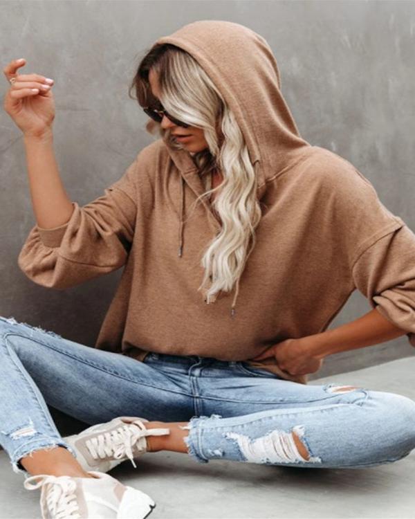 Solid Color Fashion Hooded Drawstring Long-sleeve Button T-shirt