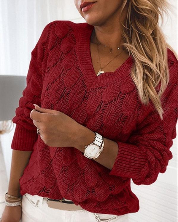 Three-dimensional Knitted Feather Hollow V-neck Long Sleeve Sweater