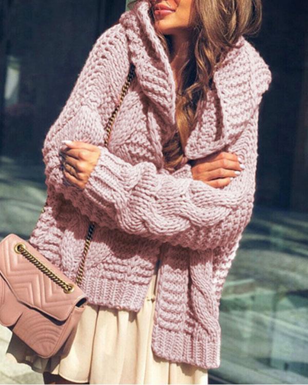 Women Pure Color Cable Knit Chunky Hooded Sweater Cardigan