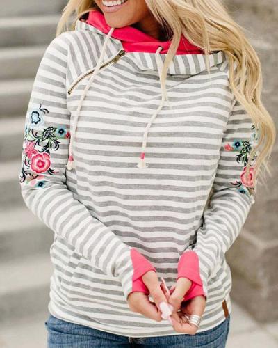 Stripe Floral-print Long Sleeve Cotton-blend Hoodie Sweatshirt