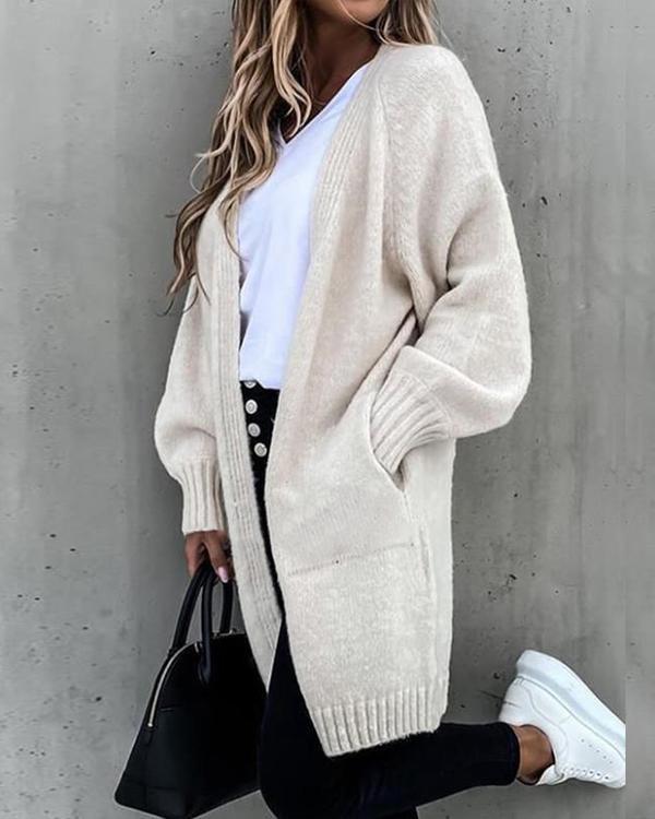 Solid Pocket Casual Long Cardigan