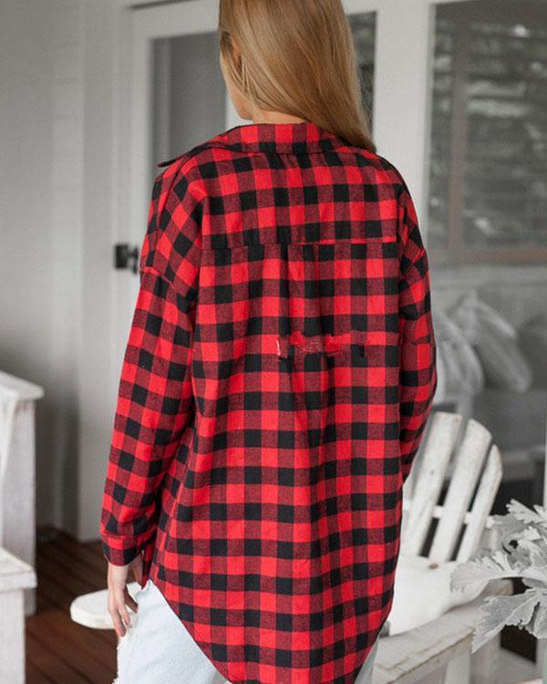 Women's Cotton Red Plaid Pockets Loose Shirts