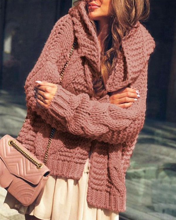 Women Pure Color Cable Knit Chunky Hooded Sweater Cardigan