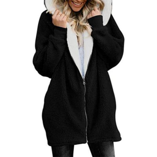 Zipper Cashmere Solid Long Sleeve Hoodie Coats