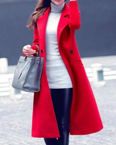 Lapel Plain Pocket Longline Woolen Coat