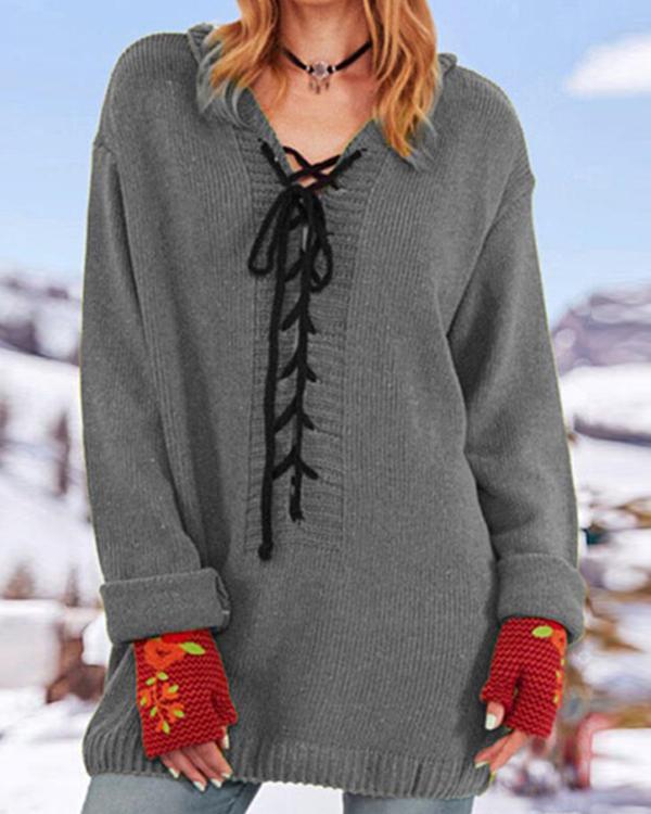 Women Lace Up V-neck Solid Color Sweater