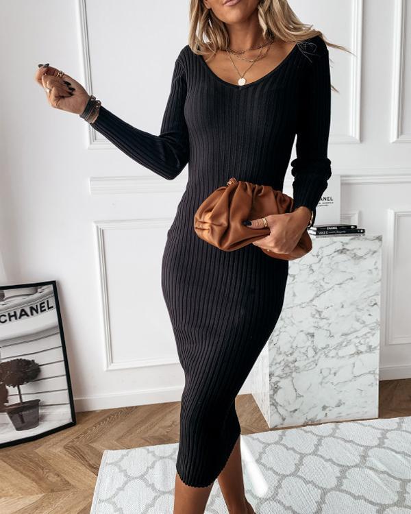 Solid Long Sleeves Bodycon Casual Midi Dresses