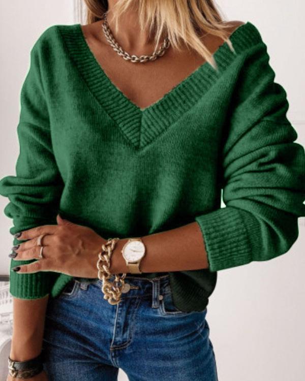 Women's Fashion V-neck Solid Color Sweater