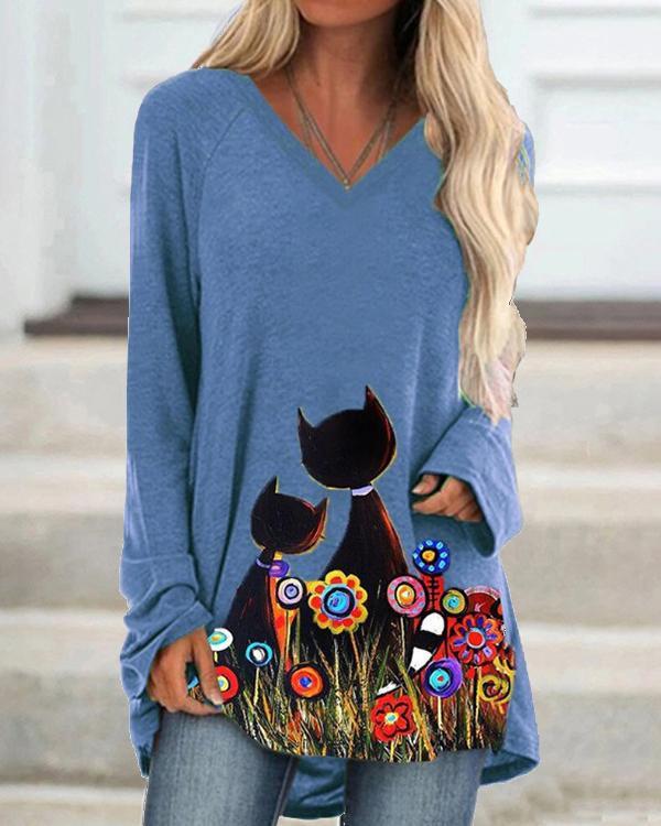 Women's Cartoon Cat  Print Long Sleeve T-Shirt