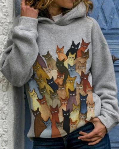 Cartoon Cats Print Long Sleeve Casual Hoodie For Women