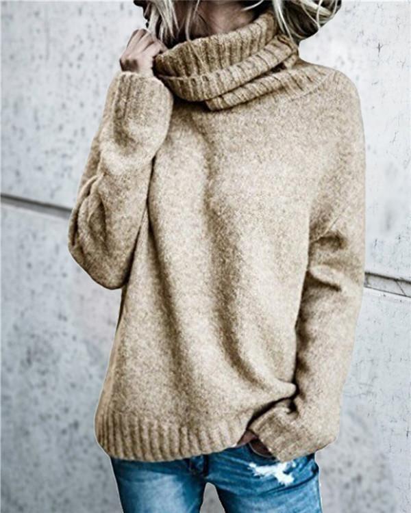Women's Fall Newest  High Neck Loose Solid Daily Pullover Sweater
