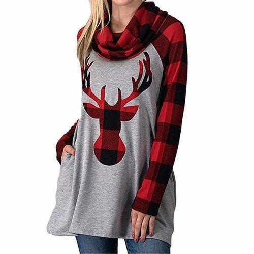 Christmas Fall Winter Plaid Long Sleeve Deer Head Print Blouse T-Shirt Tops