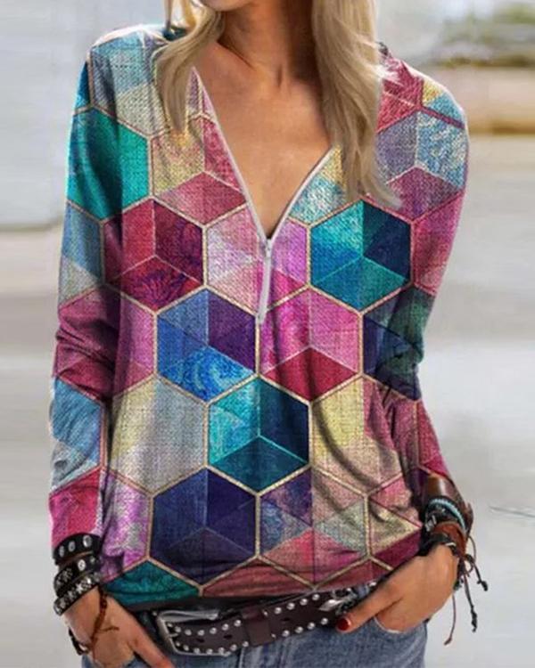 Color Block Casual V-Neckline Long Sleeve Blouses