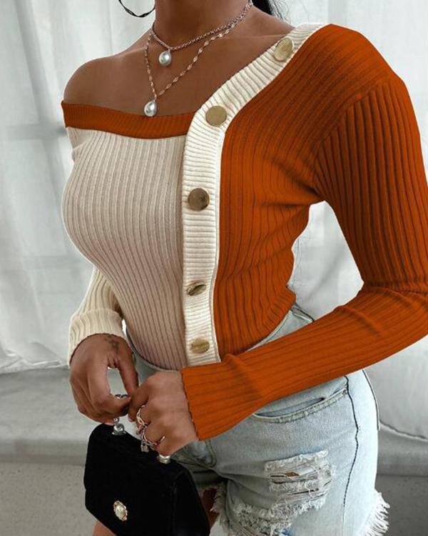 Fashion Knitted Sexy V Neck Button Bodycon Sweater